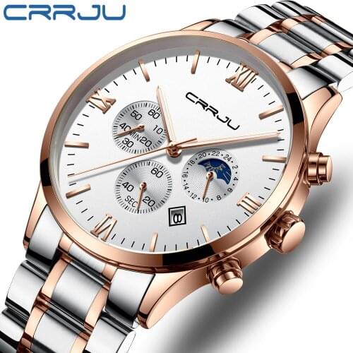 CRRJU Top Brand Men Watches Business Quartz 30M Waterproof Watches Mens Stainless Steel Band Auto Date Wristwatches Relojes