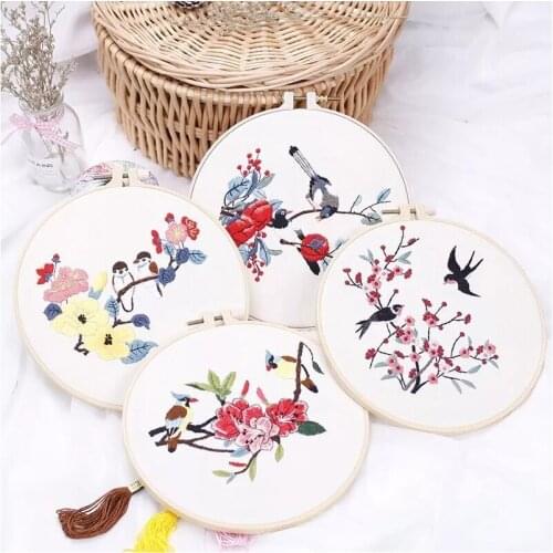 Diy Cherry Blossom Bluebirds Pattern Embroidery Set Needlework Tools Printed Embroidery Fabric Round Embroidery Kit Sewing Craft