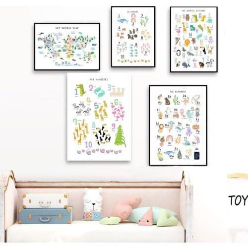 Numbers Alphabet Whale Zebra Giraffe Lion Animals Map Wall Art Canvas Painting Posters And Prints Wall Pictures Kids Room Decor
