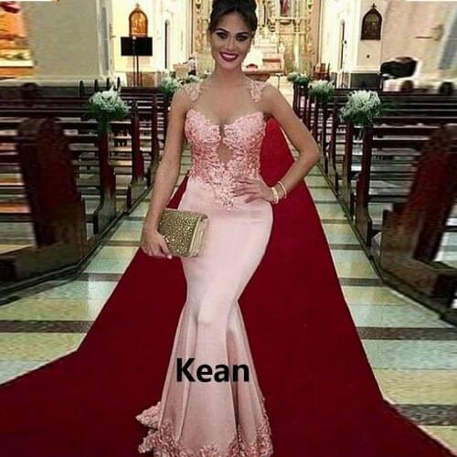 Peach Evening Dress Deep-V Mermaid Applique Illusion robe soiree Islamic Dubai Kaftan Saudi Arabic Evening Gown Prom Dress