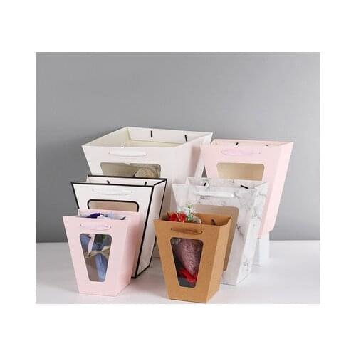Flower Gift Paper Boxes Clear Window Transparent Trapezoid Shape Portable Gift Packing Boxes Flower Packing Boxes Flower Bags