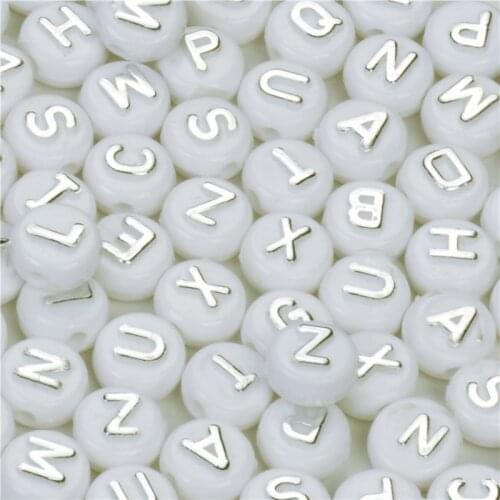 Factory Direct Sell 100PCS Mixed A-Z 10MM White With Silver-color Printing Plastic Acrylic Square Cube Alphabet Letter Beads