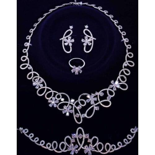 Brautiful Luxury big 4pcs jewelry set for party Necklace+Earrings+Bracelet+Ring White/ Gold-color Large flower jewelry sets