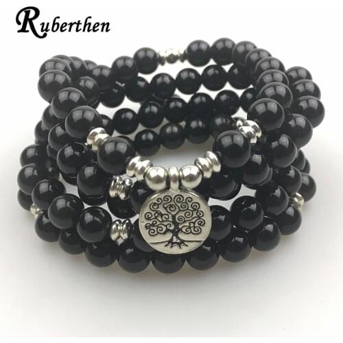 Ruberthen High Quality Women`s Bracelet Fashion 108 Mala Bracelet or Necklace Natural Black Yoga Tree of Life Jewelry