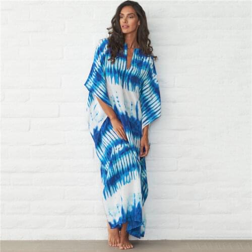Blue Bohemian Striped Bikini Cover-up Casual V-neck Loose Summer Dress Cotton Tunic Women Beach Wear Bathing Suit Cover Up Q1060