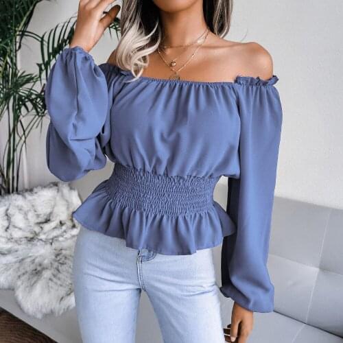 Womens Blouses Spring Autumn Solid Color Shrinkage Ruffles Slash Neck Blouse Woman Long Sleeve Slim Shirt Blusas Femme Y2k Tops