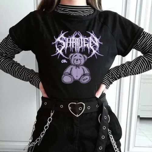 2021 Harajuku Cartoon Gothic Bear Print Short Sleeve T-shirt Women Summer Streetwear O-neck Top Punk Korean Youth Casual Clothes