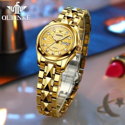 OUPINKE Lucury Women Mechanical Watch Women Watches Gold Tourbillon Tungsten Steel Waterproof Montre Femme Clock 2021 Gift