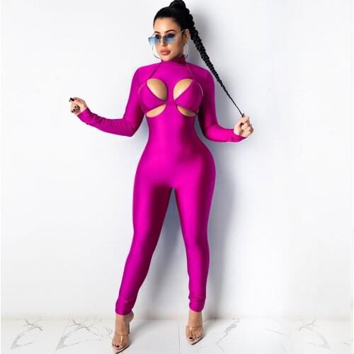 Sexy Hollow Out Club Jumpsuits for Women Skinny Long Sleeve Jumpsuit Bodycon Rompers Night Party One Piece Overalls Combinaison