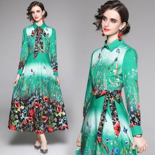 Autumn Floral Print Long Shirt Dress Women Turn Down Collar Button Belt Party Long Sleeve High Waist A Line Maxi Vestidos 7441