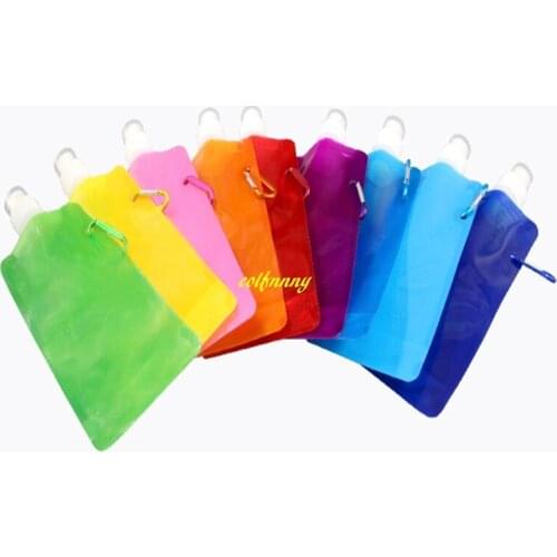 200pcs/lot 480ml Portable Foldable Reuseable Water Bottle With Carabiner For Outdoor Sports Travel Folding Bags