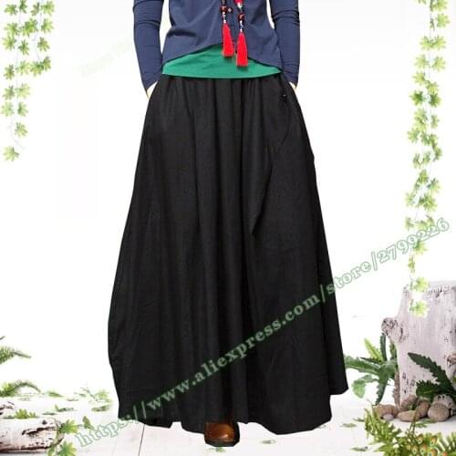 2018 Plus Size 6XL 5XL 4XL Solid Black Cotton Linen Casual Retro Woman Maxi Skirt designs / Autumn And Winter Long Skirts Womens