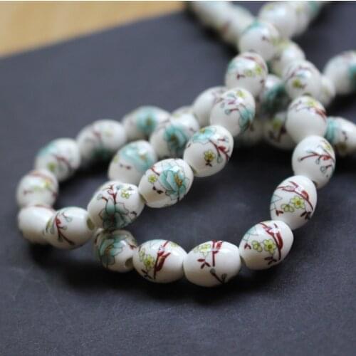 28Pieces Oval Ceramic Beads 10.4mm*8mm Blue flower with brown leaf for jewelry making 3815