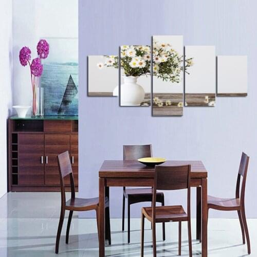 5 Pieces White Vase Sunflower Canvas Painting Modern Print Poster Flower Wall Art Hanging Beautiful Scenery Home Decoration