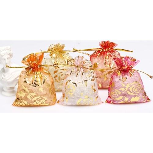 50Pcs Rose Design Organza Bag Jewelry Packaging Candy Wedding Party Goodie Packing Favors Cake Pouches Drawable Bags