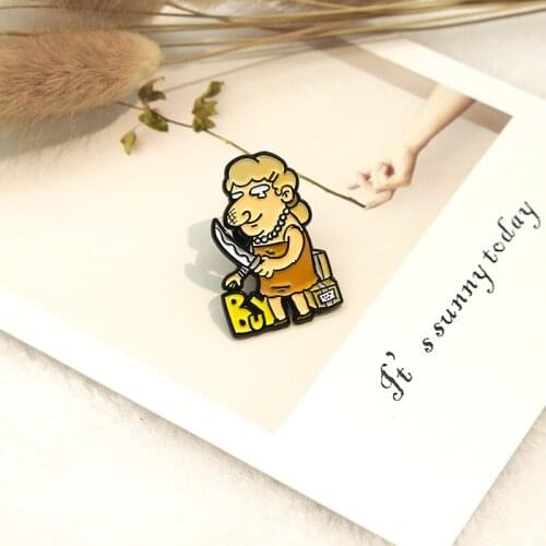 A blonde woman Enamel Pin Crazy shopper Brooches Shopaholic big spender Lapel Pins Badges gifts for boys and girls