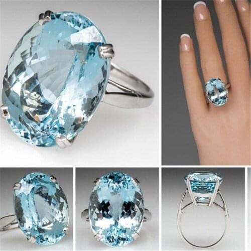 Large New Fashion Sea Blue Ring Oval Cut Ring Women Engagement Ring Jewelry Simple Summer Jewelry Best Gift SZ 6-10