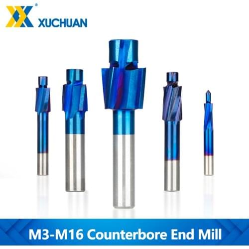 HSS Counterbore End Mill M3-M16 Pilot Slotting Tool Blue Coated 4 Flutes Milling Cutter Countersink End Mills CNC Router Bits
