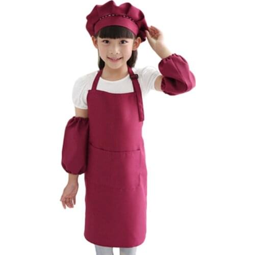 Kids Full Apron Bib Set with Pocket and Hat Sleeves Craft Kitchen Chef Cooking Art Children Diy Apparel Wine Red