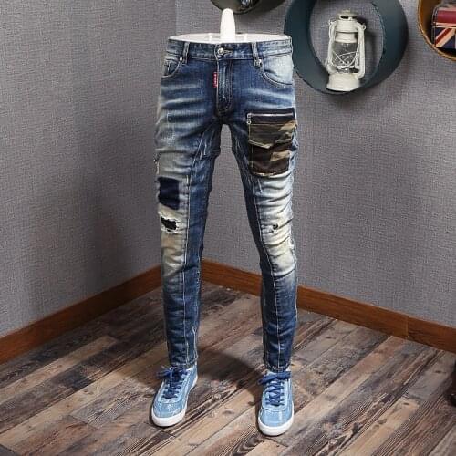 European American Street Fashion Men Jeans Retro Blue Camouflage Pocket Designer Slim Ripped Jeans Men Hip Hop Denim Punk Pants