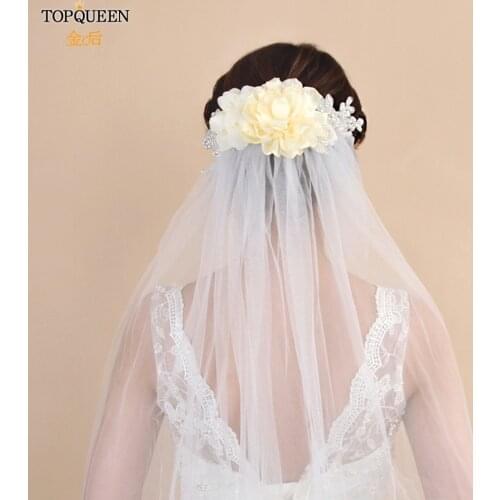 TOPQUEEN VS172 Wedding Veil with Tiara Flower Bridal Veils Wedding Short Soft Single Tier Cut Edge Veils for Veiled Women