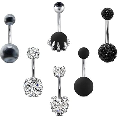 6 pcs/pack Belly Button Rings Black Color Ball Heart Hand Catch Ball Shape Navel Piercing Stainless Steel Jewelry