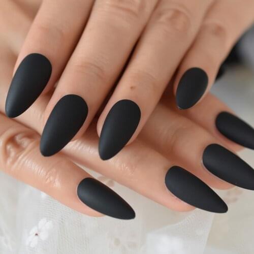 Pure Black Color Nail Tips Medium Almond Sharp Fake Nails Supplies For Professionals Simple Designs Wholesale Fingernails Charms