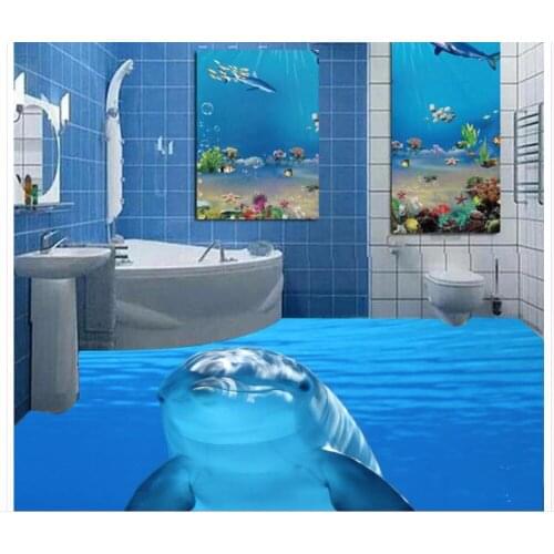 Custom Photo Floor 3D Wallpaper Modern Art Mural-3d PVC Wallpaper Self-adhesive Floor Original Dolphin Ocean Water 3D Floor Tile