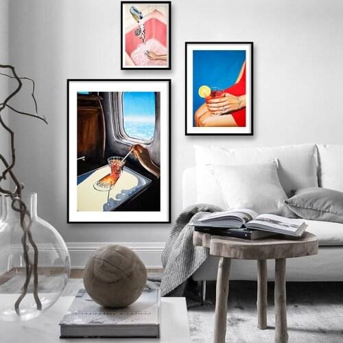 Airplane Meal Window Scenery Poster Retro Pink Bathtub Canvas Painting Print Wall Art Pictures Mid Century Modern Home Decor