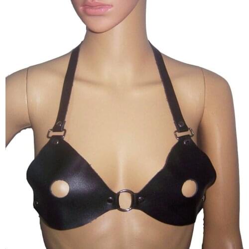 Sexy Women Fantasy Genuine Leather Bare Nipples Open Peek-a-Boob Bra Top Push Up Breast Harness Lingerie Fetish Wear