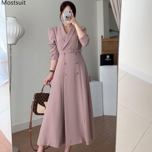 Spring Autumn Elegant Dress Women Double Breasted V-neck Belt Blazer Dresses Korean Outwear Maxi Dress Robe Femme 2021