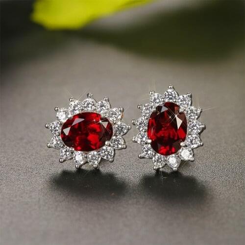 Vintage Blue Sapphire Ruby Red Stud Earrings Luxury Female Small Oval Stone Earrings Sterling Silver Wedding Earrings For Women
