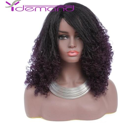 Y Demand Yaki Kinky Curly Afro Wig 16" 1B/Purple Kanekalon Afro Wigs For African American Black Women
