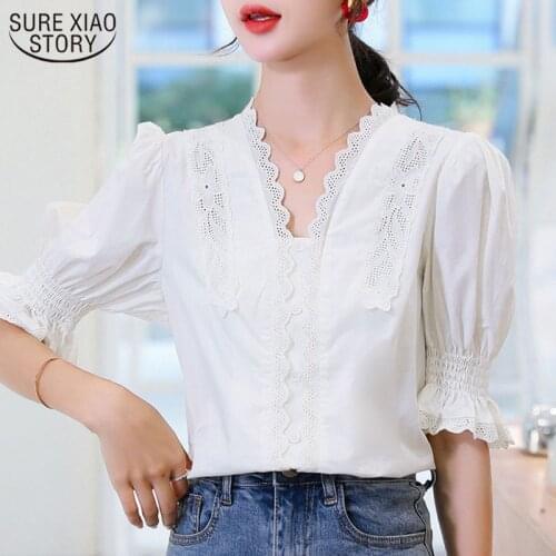Blouse for Women 2021 Casual V-neck Lace White Shirts Solid Color Puff Sleeve Summer Womens Tops and Blouses Blusas 10204