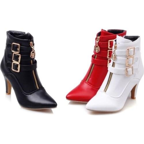 Belt Buckle Black Womens Boots Plus Size White Short Boots Pointed Toe Ankle Boots Ladies Party Wedding Shoes Autumn