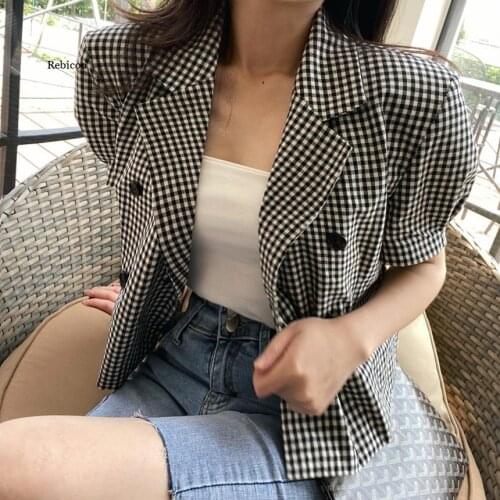 New Summer Vintage Plaid Double Breasted Women Blazers Notched Collar Short Sleeve Jacket Female Short Outwear