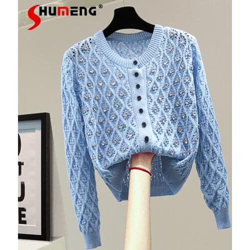 Fashion Solid Color Diamond Studded Hollow out Cardigan Coat Ladies 2021 Autumn New Loose Single-Breasted Sweater Female