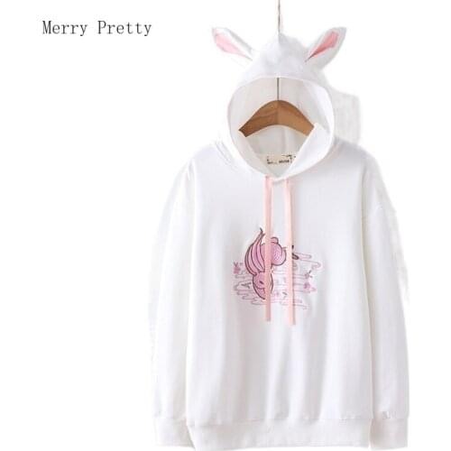 Harakuju Cartoon Rabbit Embroidery Casual Pullover Cotton Hooded Women 2021 Summer Japanese Sweet Style Ladies Cotton Cute Top