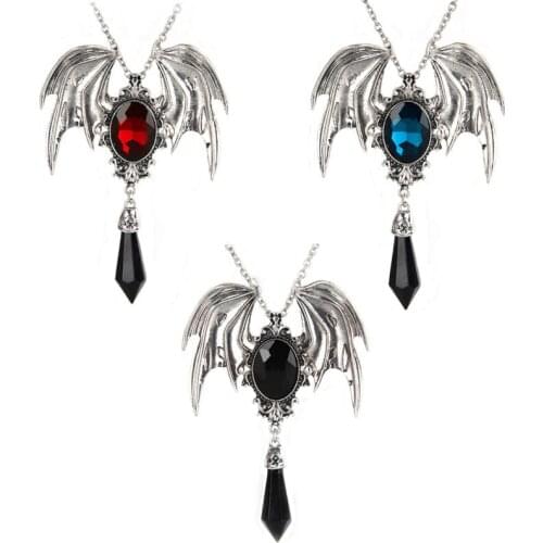 Vintage Gothic Bat Wings Crystal Pendant Necklace for women Red Blue Black Crystal Neck Chain Collar Vampire Halloween Jewelry