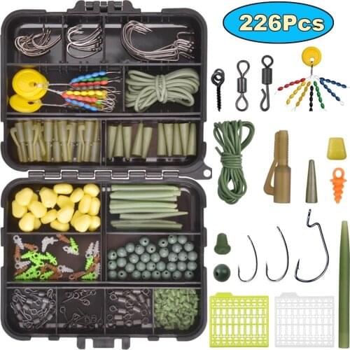 226Pcs/Box Carp Fishing Tackle Accessories Kit Including Anti Tangle Sleeve Tail Rubber Hook Stop Beads Boilie Bait Screw