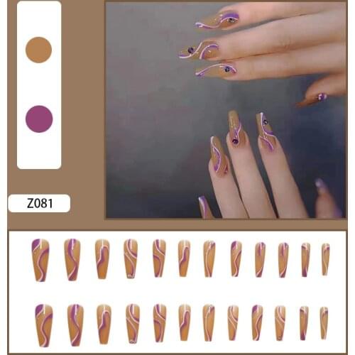 24Pcs/Box Purple Lines False Nails Glue Type Removable Coffin Long Paragraph Fashion Manicure Fully Covered Nail Decoration