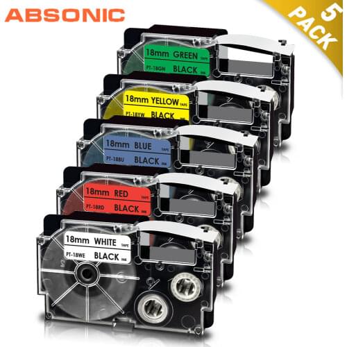 Absonic 5 Color Compatible for Casio Label Maker XR-18WE XR-18RD XR-18YW XR-18GN XR-18BU 18mm Label Tape KL-120 KL-750 KL-780