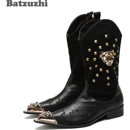 Batzuzhi Western Cowboy Mens Boots Mid-Calf Leather Boots for Men Rock Metal Pointed Toe Black Motocycle Short Boots Male Botas