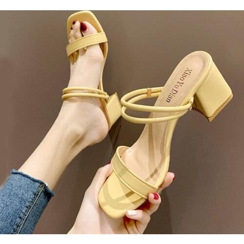 2021 New Summer Sandals Slippers Women Fashion Thick Heel 6CM High Heels Female Ins Trendy Womens Beige Shoes