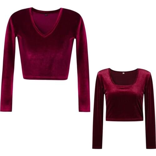 Women Velvet Velour Long Sleeve V Neck Sport Gym Skinny Shirts Crop Top
