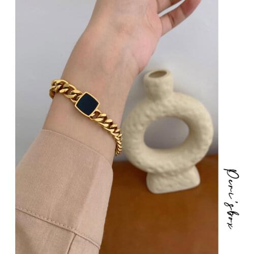 Perisbox Round Enamel Cuban Chain Bracelet Geometric Square Flat Bracelets Statement Fashion Vintage Bracelets For Unisex Gifts