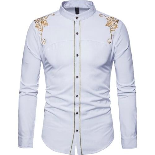 White Embroidery Shirt Men 2021 Brand Slim Fit Button Up Shirt Mens Mandarin Collar Long Sleeve Dress Shirts Party Prom Shirt