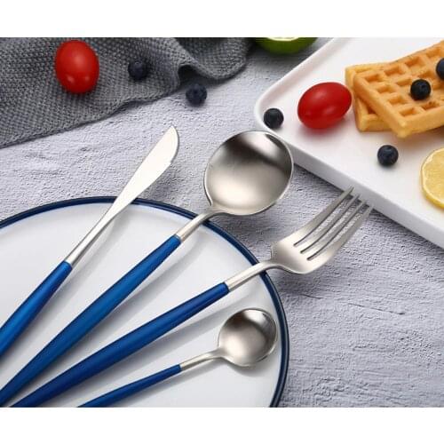 Hot Sale 4 Pcs/set Blue And Silver european Dinnerware 304 Stainless Steel Western Cutlery Kitchen Food Tableware Dinner Set