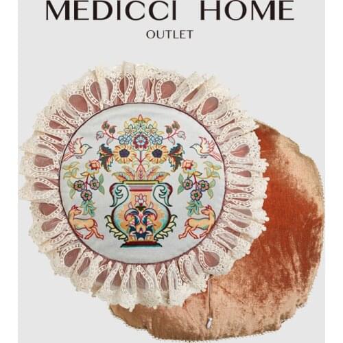 Medicci Home Retro Round Cushion Cover High End Italy Import Shiny Velvet Lace Decorative Pillow Case Courtyard Garden Balcony