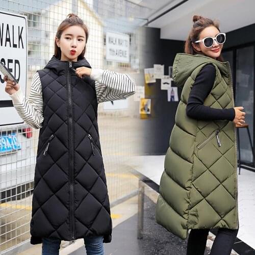 Autumn Winter Hooded Long Down Vests Women Solid Sleeveless Loose Mixi Waistcoat Female 2020 New Fashion Casual Warm Lady Coats